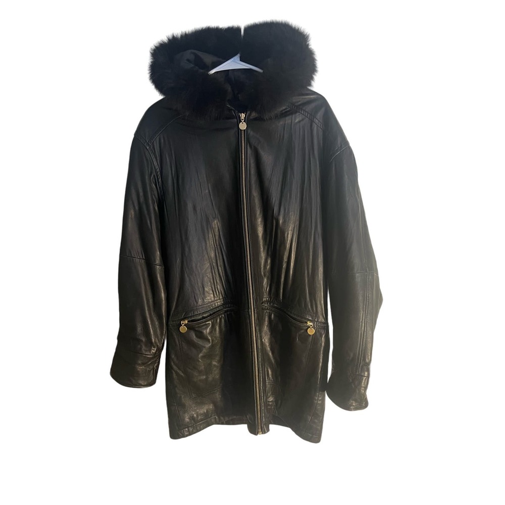 Vintage Jacqueline Ferrar Womens Jacket Coat Leather Black Hooded Full Zip